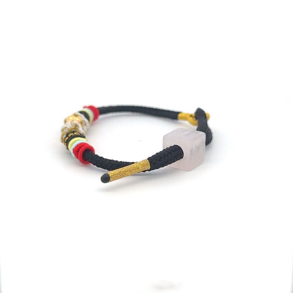 18K Gold Money Bag Bracelet Multicolor Yarn Rose Quartz Square Bead Size 6-6.5" - Picture 3 of 9